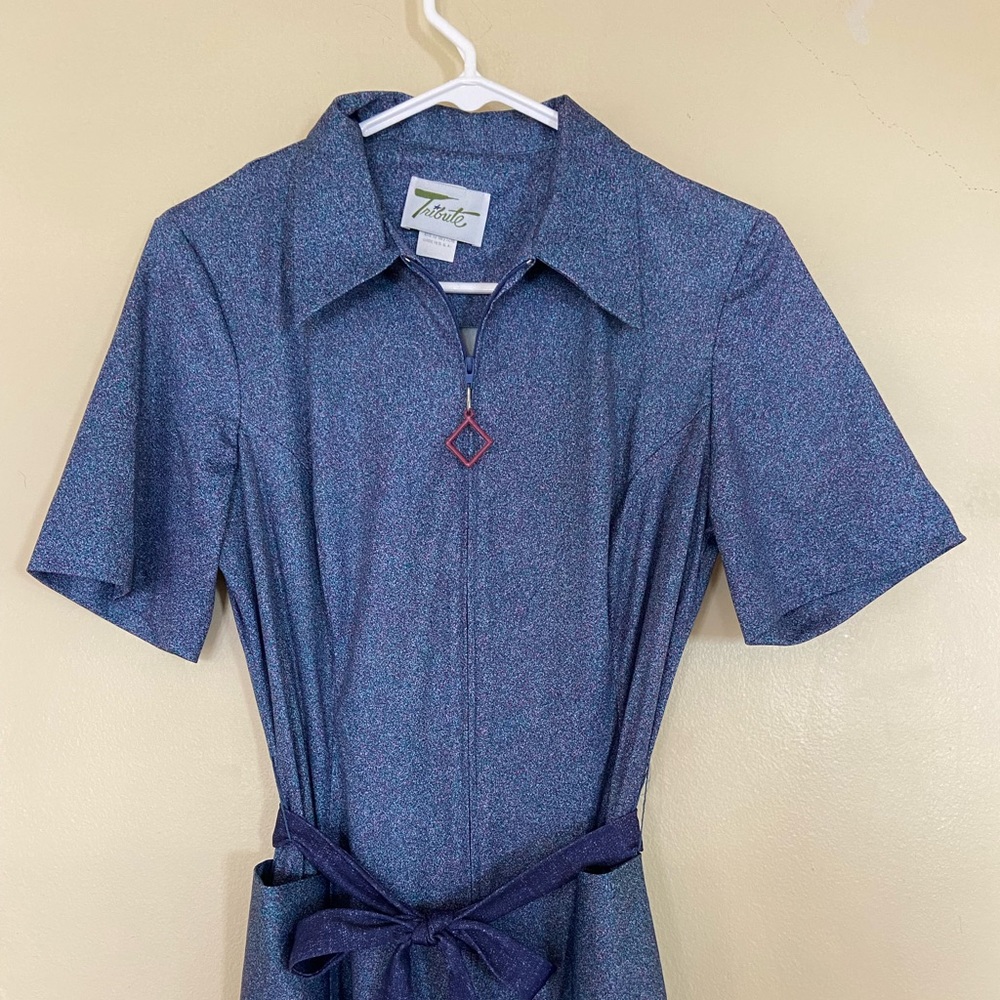 Vintage 70s Retro Blue Dagger Collar Zip Tribute Dress - Picture 4 of 6